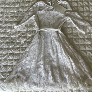 Us Angels White  A-line Bell Sleeve Mock Lace Neck Dress